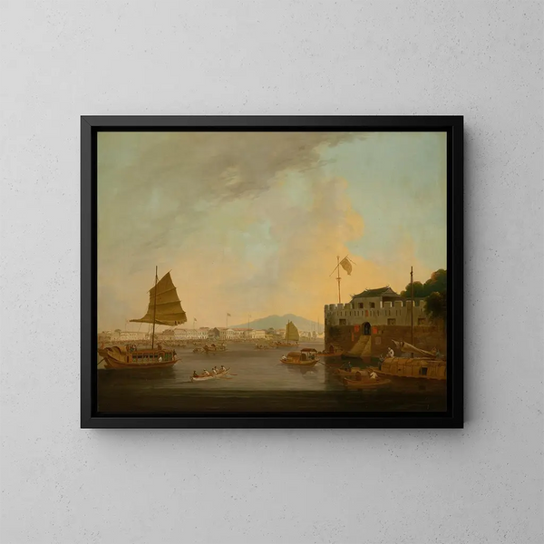Europese fabrieken en de Nederlandse gekte bij Fort Canton vanaf het zuidwesten van de Canton-rivier - Thomas Daniell — ingelijst kunstwerk aan de muur