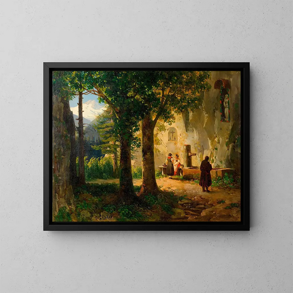 Gebed bij een heilige bron, landschap met fontein - Thomas Ender — ingelijst kunstwerk aan de muur