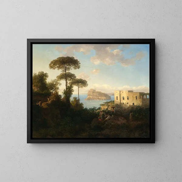 Landschap met personages en architectuur, uitzicht op Ischia, Italië - Thomas Ender — ingelijst kunstwerk aan de muur