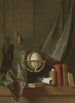 a globe, books, and a statuette on a ledge in a veiled interior by Thomas Germain Joseph Duvivier — artwork view