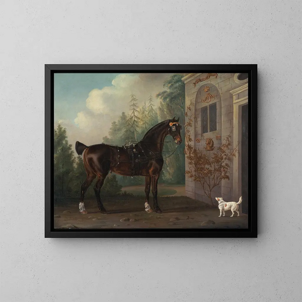 De zwarte koetspaard van Lord Abergavenny met een terriër - Thomas Gooch — ingelijst kunstwerk aan de muur
