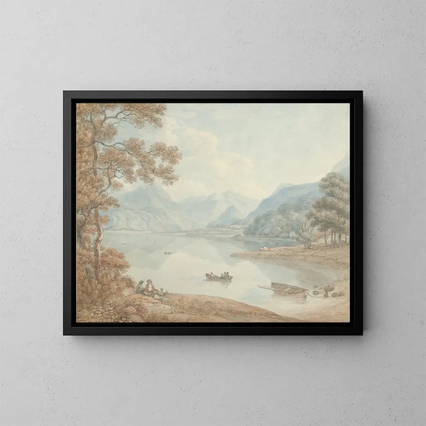 van een schilderij met uitzicht op Derwent Water in de richting van Borrowdale, Cumberland - Thomas Hearne — ingelijst kunstwerk aan de muur