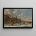 Winter landscape painting with skaters on a frozen lake near a city wall - Thomas Heeremans — framed artwork on a wall