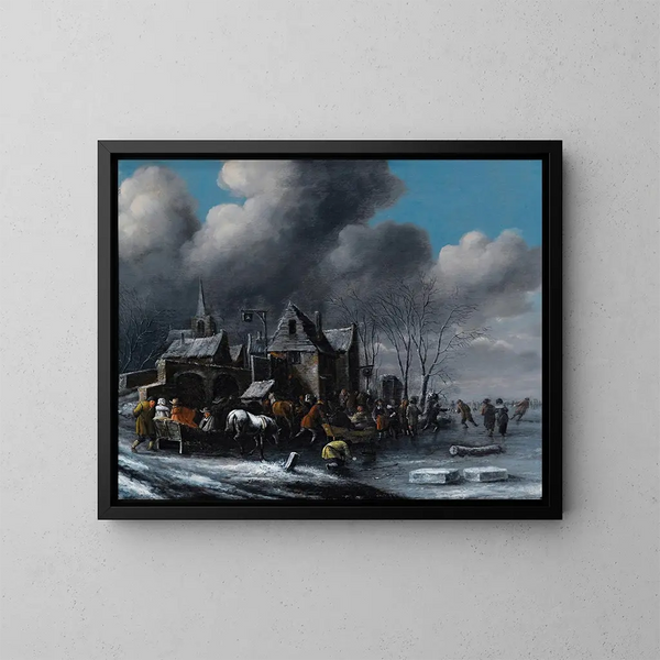 Patineurs sur une rivière gelée - Thomas Heeremans — ingelijst kunstwerk aan de muur
