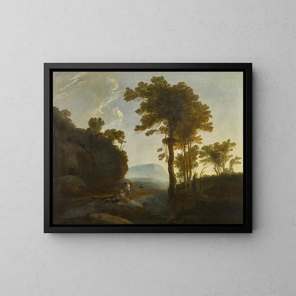 Uitgebreid landschapsschilderij met een herder en een herderin en hun kudde - Thomas Jones — ingelijst kunstwerk aan de muur
