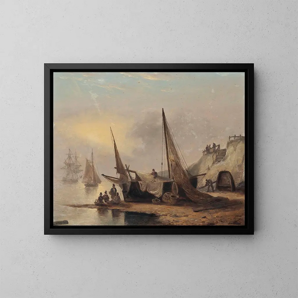 van vissers zittend bij hun boot bij laagwater, Devon - Thomas Luny — ingelijst kunstwerk aan de muur