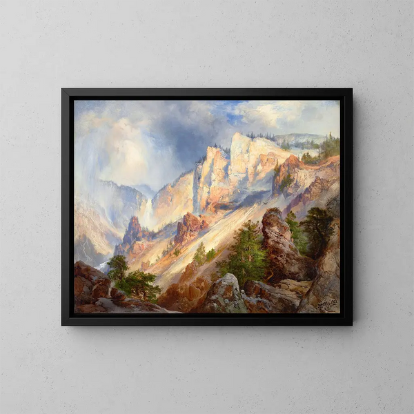Een tijdelijke regenbui in de Yellowstone-kloof - Thomas Moran — ingelijst kunstwerk aan de muur