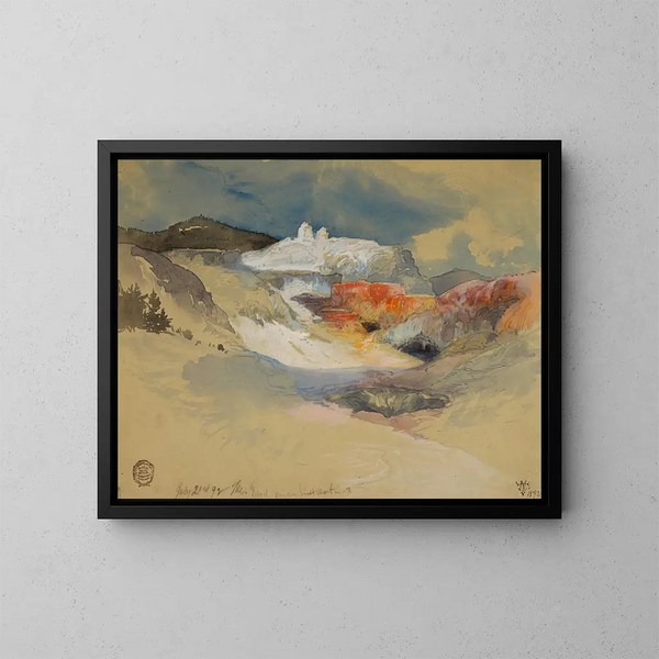 Bronnen van de hete bronnen van Yellowstone - Thomas Moran — ingelijst kunstwerk aan de muur