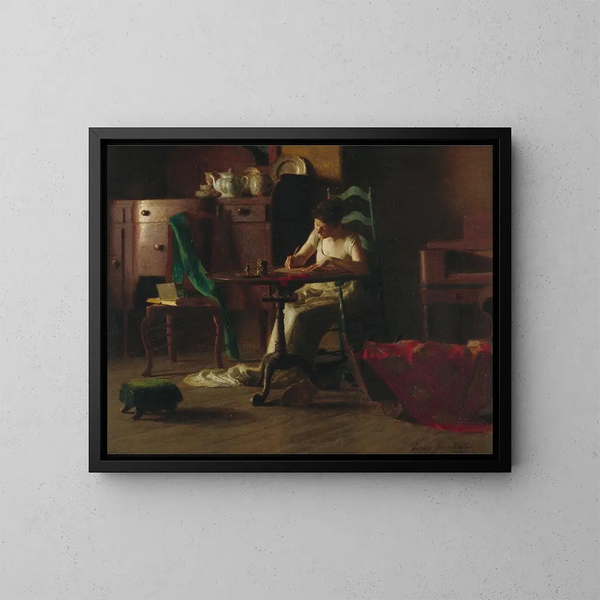 Vrouw die aan een tafel schrijft - Thomas Pollock Anshutz — ingelijst kunstwerk aan de muur