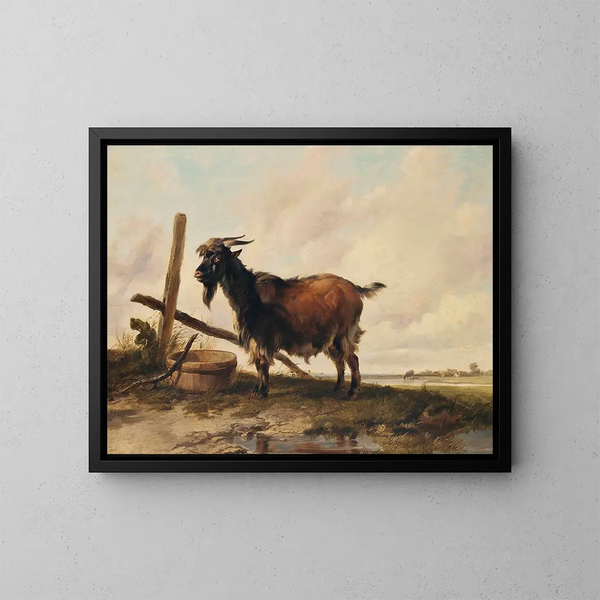 Een geit in een landschap met vee in de verte - Thomas Sidney Cooper — ingelijst kunstwerk aan de muur