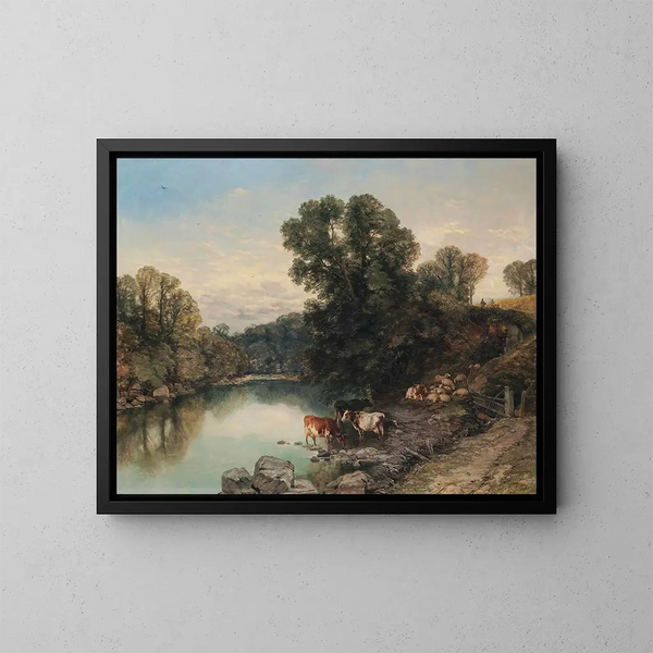 Veestapel en schapen aan de rand van de rivier - Thomas Sidney Cooper — ingelijst kunstwerk aan de muur