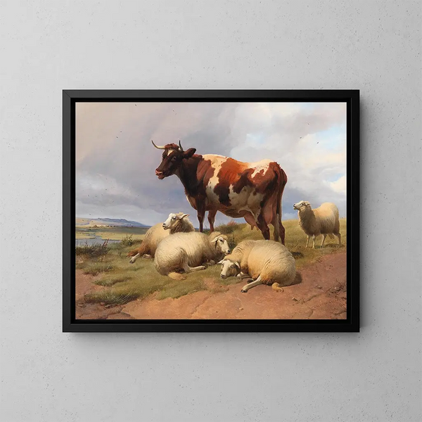 van een vee en schapen in een weiland in een uitgestrekt landschap - Thomas Sidney Cooper — ingelijst kunstwerk aan de muur
