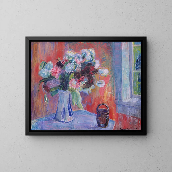 Bloemenvaas in een rood interieur - Thorvald Erichsen — ingelijst kunstwerk aan de muur