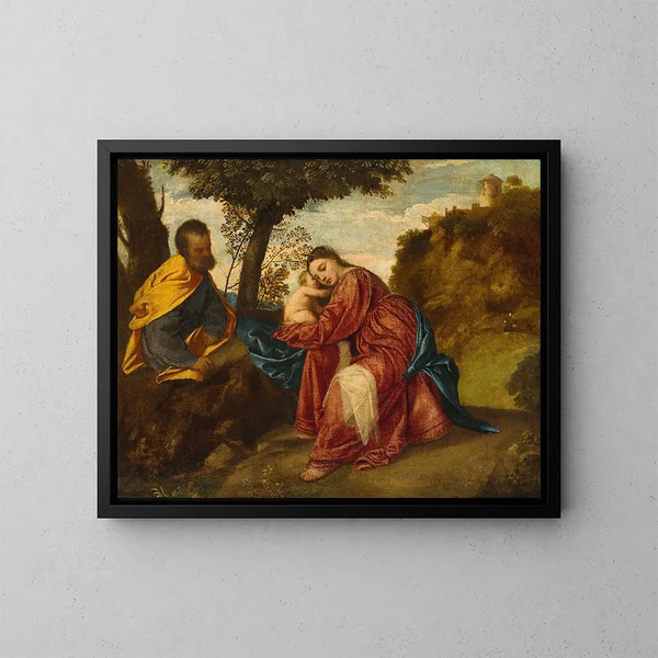 De rust tijdens de vlucht naar Egypte - Titian — ingelijst kunstwerk aan de muur