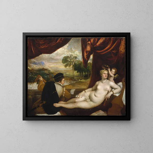 Venus en de luitspeler - Titian — ingelijst kunstwerk aan de muur