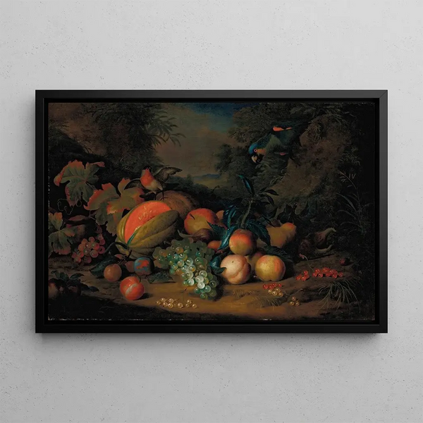 Tobias Stranover - A split melon peaches plums grapes apples and currants with a parrot and a bullfinch a mountainous landscape beyond.webp