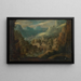 Landscape painting of a mountainous river scene with watermills and a village in the distance - Tobias Verhaecht — framed artwork on a wall