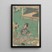 Vrouwelijk schilderij in een blauw ombré kimono met uitgebreide borduursel van roze pioenen - Toyokuni Utagawa — ingelijst kunstwerk aan de muur