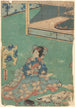 Vrouwelijk schilderij in een blauw ombré kimono met uitgebreide borduursel van roze pioenen - Toyokuni Utagawa — weergave van het kunstwerk