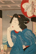 Een geisha uit de jaren 1870 zittend in een boot - Tsukioka Yoshitoshi — weergave van het kunstwerk