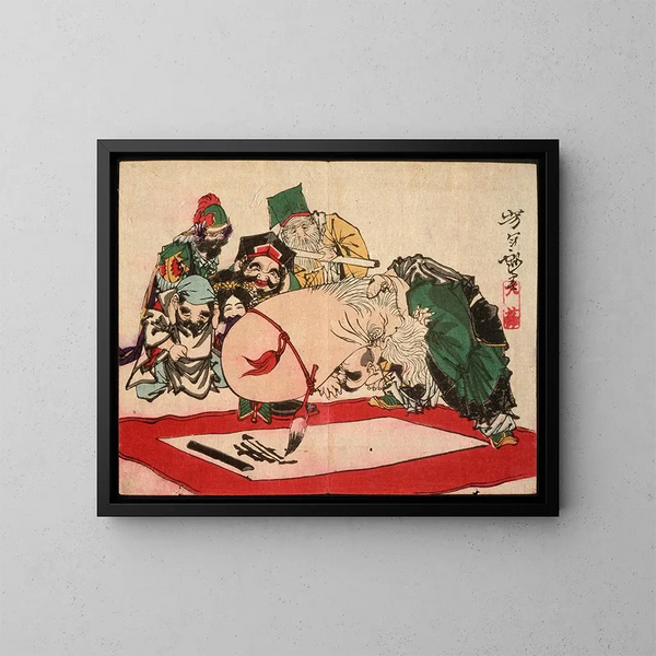 Fukurokuju schrijvend met zijn hoofd - Tsukioka Yoshitoshi — ingelijst kunstwerk aan de muur