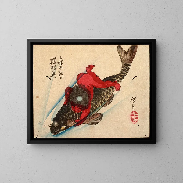 Kintar vangt de karper - Tsukioka Yoshitoshi — ingelijst kunstwerk aan de muur