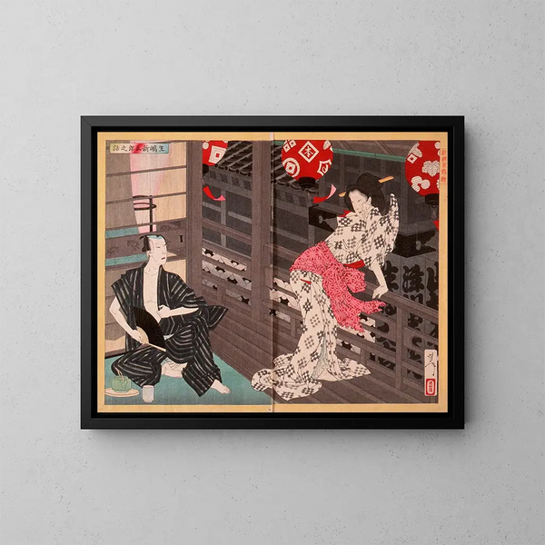 Dame Ejima en de acteur Ikushima Shingor - Tsukioka Yoshitoshi — ingelijst kunstwerk aan de muur