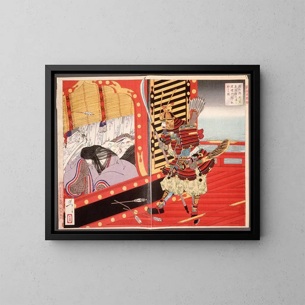 van Minamoto no Yoshitsune die Kenrei Monin redt tijdens de Slag bij Dannoura - Tsukioka Yoshitoshi — ingelijst kunstwerk aan de muur