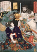 Sangoku Schilderij knielt voor een demon en een krijger - Tsukioka Yoshitoshi — weergave van het kunstwerk