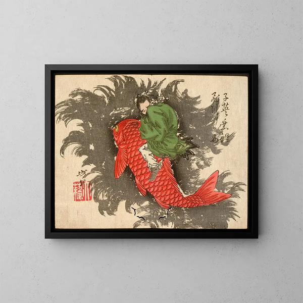 Shiei chevauchant une carpe au-dessus de la mer - Tsukioka Yoshitoshi — ingelijst kunstwerk aan de muur
