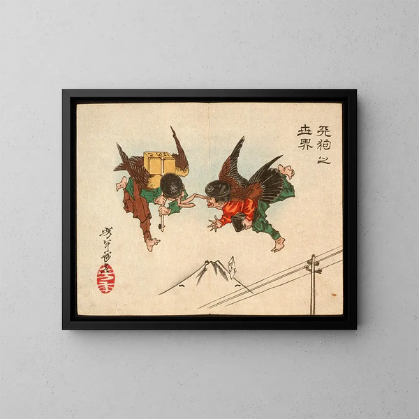 Messagers Tengu die in volle vlucht botsen - Tsukioka Yoshitoshi — ingelijst kunstwerk aan de muur