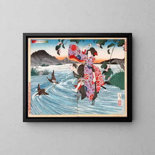 De demon Omatsu doodt Shirsabur in de rivierkloof - Tsukioka Yoshitoshi — ingelijst kunstwerk aan de muur