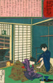 La geisha Umekichi die Nakajima Seibi smeekt haar te verlaten en terug te keren naar haar studie - Tsukioka Yoshitoshi — weergave van het kunstwerk