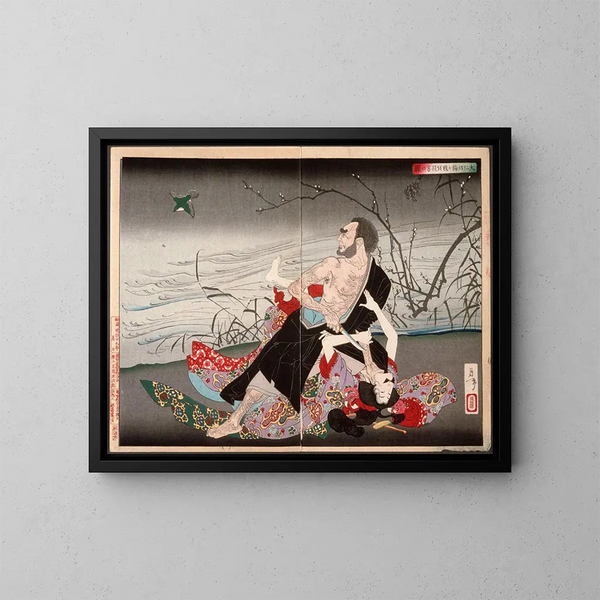 De priester Daijin doodt Umegae - Tsukioka Yoshitoshi — ingelijst kunstwerk aan de muur