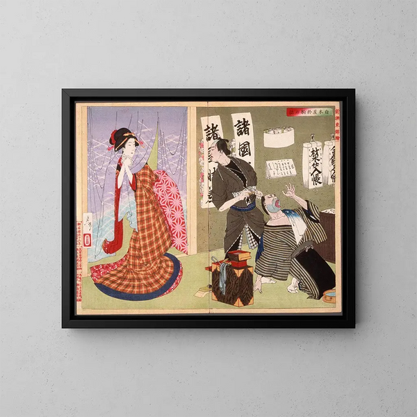 L'histoire d'Okoma de Shirokiya de Tsukioka Yoshitoshi — ingelijst kunstwerk aan de muur