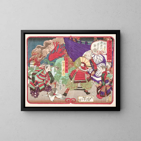 Tokugawa Ieyasu die de kop van Kimura Shigenari bekijkt tijdens de Slag bij het kasteel van Osaka - Tsukioka Yoshitoshi — ingelijst kunstwerk aan de muur