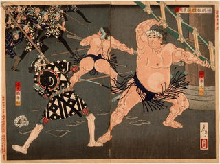 Tsukioka Yoshitoshi - Yotsuguruma Daihachi and Kotengu Heisuke Duel during the Battle of the Wrestlers and the Firemen at Shinmei Shrine.webp