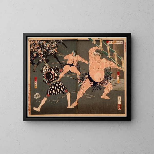 Duel tussen Yotsuguruma Daihachi en Kotengu Heisuke tijdens de strijd tussen de worstelaars en brandweerlieden bij het Shinmei-heiligdom - Tsukioka Yoshitoshi — ingelijst kunstwerk aan de muur