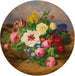 a painting Un Bouquet de Roses, Tulipes et Narcisses sur un Sol Sableux - Josef Lauer — displayed in an interior