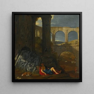 Un caprice architectural avec des ruines anciennes, un arc de triomphe et une sculpture en haut-relief avec l'histoire de Mercure et Argus - Jean Lemaire