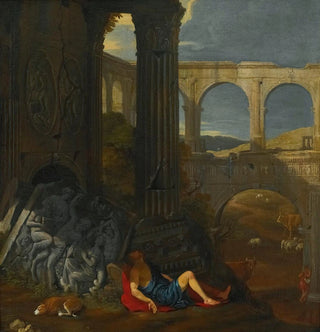 Un caprice architectural avec des ruines anciennes, un arc de triomphe et une sculpture en haut-relief avec l'histoire de Mercure et Argus - Jean Lemaire