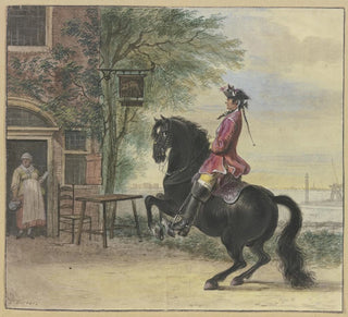 Un cavalier avec tricorne et tresse en arrière-plan, un paysage de canal - Cornelis Troost
