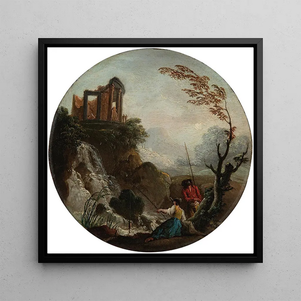 Un couple pêchant au pied d'une cascade avec des ruines au-dessus - Charles-François Grenier De Lacroix