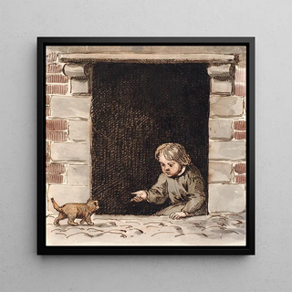 Un garçon assis dans une cave attire un chiot - P. C. Skovgaard
