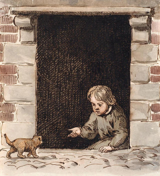 Un garçon assis dans une cave attire un chiot - P. C. Skovgaard