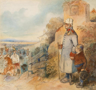Un grand-père et son petit-fils observant l'archiduc Karl d'Autriche Teschen en uniforme de général après la bataille victorieuse d'Aspern - Friedrich Johann Treml