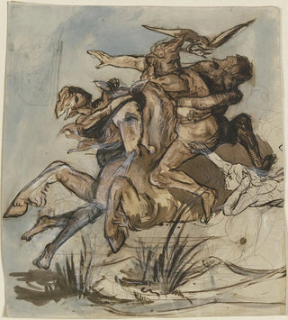Un homme barbu accompagné d'un oiseau sur un cheval au galop étendu, trois figures cherchent à abattre l'autre - Victor Müller