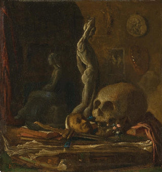 Un masque de crâne, une statuette d'épée et un livre sur une table dans l'atelier d'un artiste, huile sur cuivre - École française