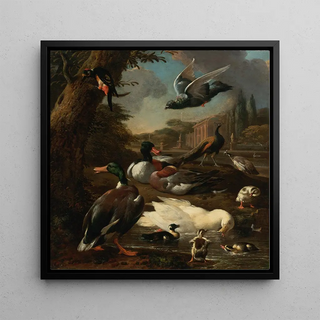 Un paon, des pigeons, des canards et d'autres oiseaux dans un jardin - Melchior d'Hondecoeter