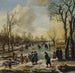 Een winterlandschap met dorpelingen die schaatsen en kolf spelen op een bevroren kanaal, een dorp in de verte - Aert van der Neer — weergave van het kunstwerk